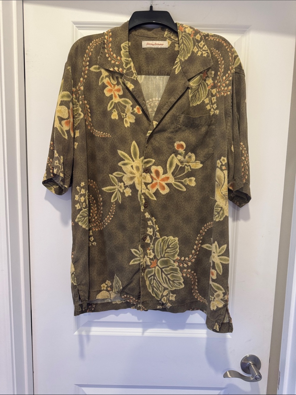 Tommy Bahama Olive Green Floral Camp Shirt with Cream and Orange Accents
